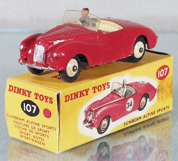DINKY 107 SUNBEAM ALPINE SPORTS: some die cast fatiguing along 1 edge, orig box some wear & missing 1 end flap, C7-8.