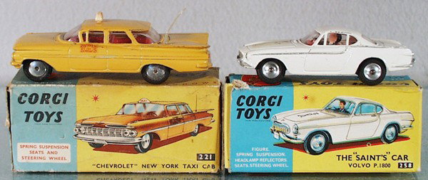2 CORGI AUTOS: 221 Chevy New York Taxi Cab, 258 Saint's Volvo, orig boxes worn, C5.