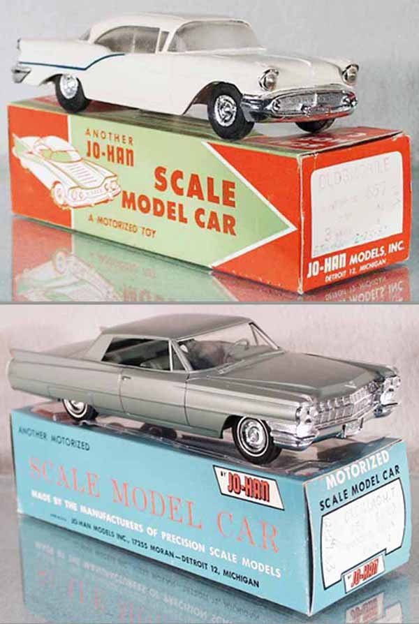 2 JO-HAN PROMOS: 1957 Oldsmobile Hard Top, white & blue, friction working, no interior, minor body warp, 1964 Cadillac Coupe DeVille, green, friction working, w/interior, stress crack on roof, orig boxes minor wear, c