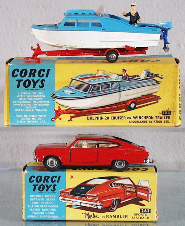 2 CORGI VEHICLES: 104 Dolphin 20 Cruiser on Trailer, 263 Rambler Marlin, springs worn, orig boxes minor wear, C6.