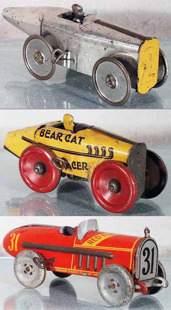3 STRAUSS RACERS: litho tin, #2 Racer, clockwork working, 8" long, Bear Cat Racer, clockwork working, 6 1/2" long, Red Flash Racer, missing driver, clockwork not working, 9 1/2" long, C5-6.