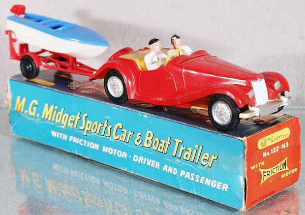 LUCKY TOY 122-143 MGTF W/SPEEDBOAT: Hong Kong, plastic, missing windscreeen, orig box minor wear, C7-8.