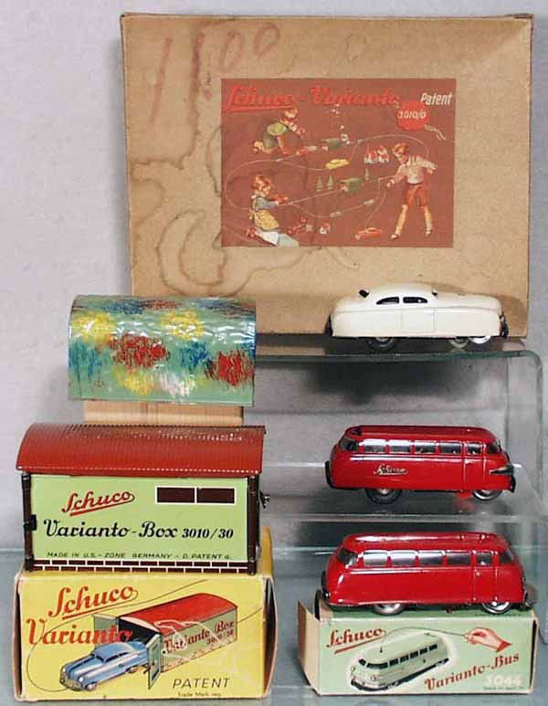 SCHUCO VARIANTO LOT: 3010/0 Set w/Tunnel, 3010G Garage, 3044 Bus, 3041 Limousine, Mirako Bus, clockwork working, orig boxes minor wear, C6-8.