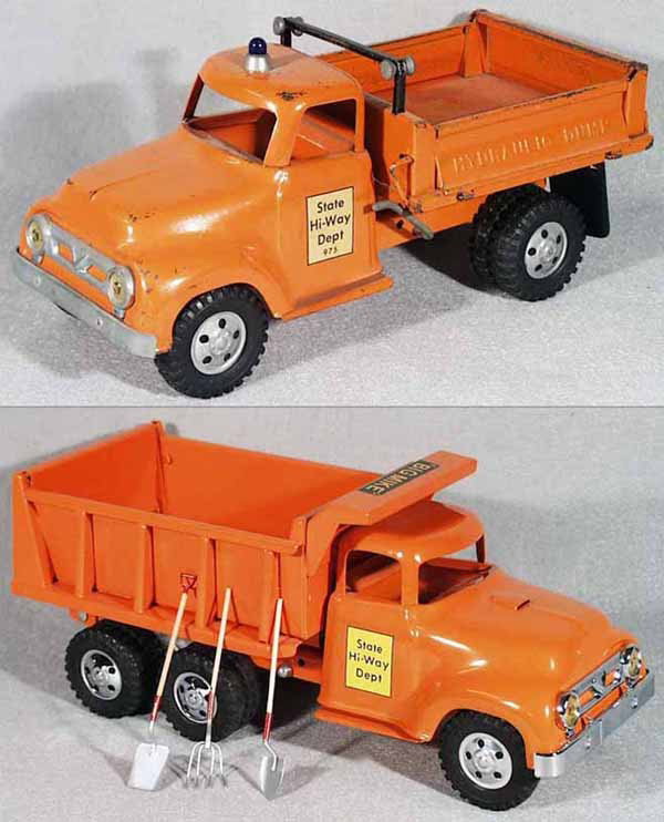 2 TONKA HI-WAY TRUCKS: painted pressed steel, 975 Hydraulic Dump, 1 broken mud flap tab, 13" long, C5, Big Mike Hydraulic Dump, 14" long, w/3 tools, restored, C9.