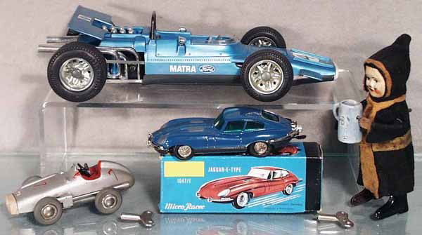 SCHUCO LOT: 1074 Matra, 1043 Mercedes Micro Racer, Nutz 1047/1 Jaguar, Drinking Monk, all are clockwork working, C5-8.