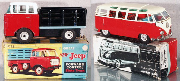 2 BANDAI VEHICLES: litho tin, 636 Jeep, 8 1/2" long, friction not working, orig box worn, 808 Volkswagen Bus, friction working, 9 1/2" long, missing rear door, dented all over, orig box worn, C5-6.