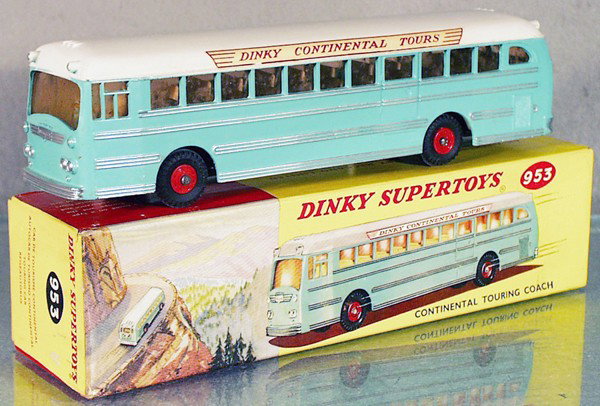 DINKY 953 CONTINENTAL TOURING COACH: some mildewing on window inserts, 1 decal chip, orig box minor wear, C8-9.