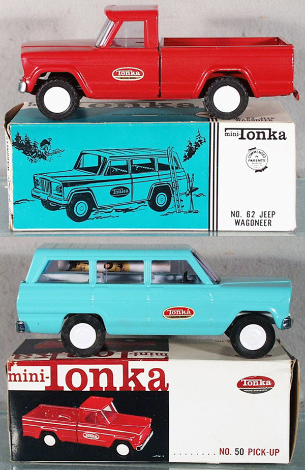 2 TONKA JEEP VEHICLES: painted pressed steel, 62 Wagoneer, 50 Pick Up, orig boxes, C9.