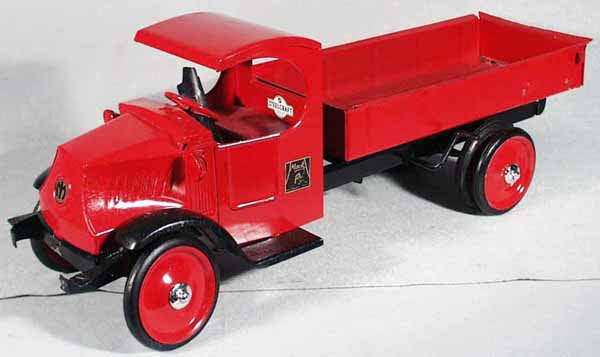 STEELCRAFT MACK DUMP TRUCK: painted pressed steel, 27" long, front bumper loose, restored, C7.
