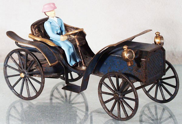 WILKINS KINGSBURY EARLY AUTO: painted pressed steel, clockwork working, 9" long, some touch up spots, 1 rear fender reattached, driver replaced, C4.