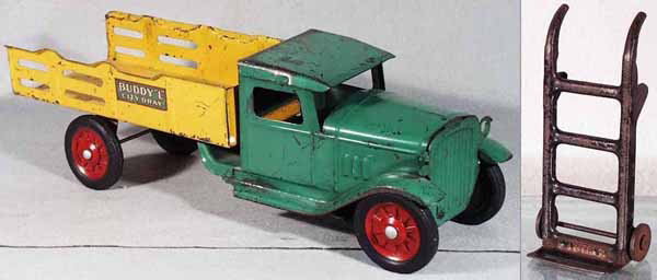 BUDDY L 439 CITY DRAY: painted pressed steel, electric headlights, 19" long, w/handtruck, painted pressed steel, 6" tall, C4-5.