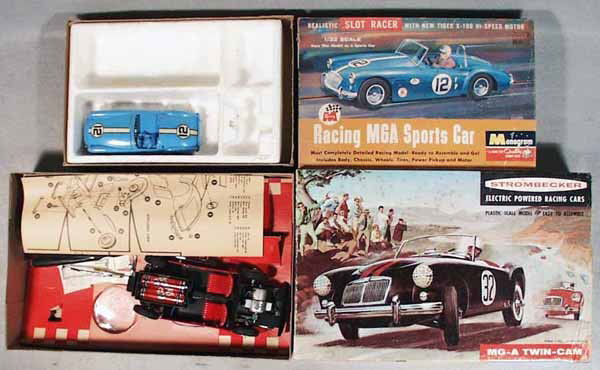 2 MGA SLOT CARS: Monogram 1/32 scale, 5" long, missing windshield, Strombecker 1/24 scale, 7 1/4" long, orig boxes minor wear, C6-8.