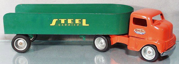 TONKA 120 STEEL CARRIER TRUCK: painted pressed steel, cab restored, some chips, orig trailer, missing parking wheels, C5-6.