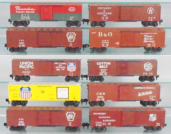 10 KMT BOX CARS: O ga, 17479 Pacemaker, 236 Ontario & Western, 25391 PRR, 37008 B&O, 392885 UP, 50528 Cottonbelt, 74586 UP, 5066 L&N, 25391 PRR, 9338 TA & G, 3 orig boxes only, minor wear, C7-8.