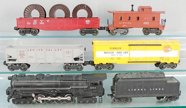 LIONEL TRAIN SET: O ga, 682 turbine loco, restored, 6466WX tender, 6456 LV hopper, 6464-500 Timken box car, 6162 NYC gondola w/cable reels, 6257 caboose, C6-8.