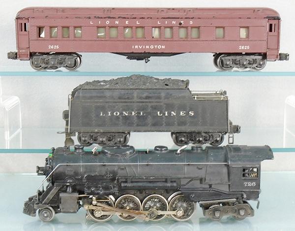 LIONEL TRAIN SET: O ga, 726 Berkshire loco, 1948 version, oxidation on side rods, 2426W die cast tender, 2625 Irvington Pullman, C5-6.