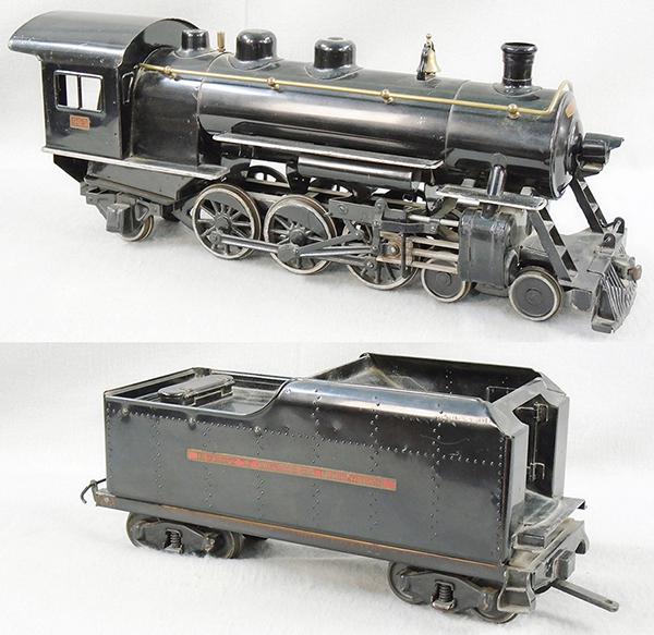 BUDDY L 1000 LOCO & TENDER: painted pressed steel, outdoor RR loco is 25 in long, tender is 19 in long, missing rear step, overall minor decal wear, C7-8.