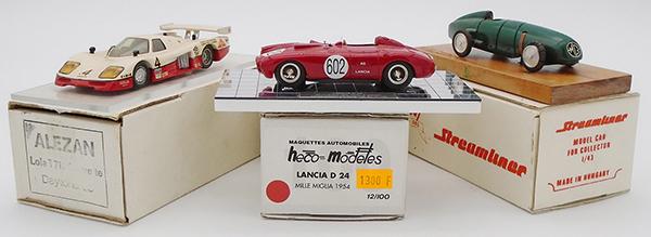 3 RESIN RACERS: 1/43 scale, Alezan Lola TT1, Heco Models Lancia D24, BJ Streamliner MG EX127, tires worn, orig boxes, C8-9.