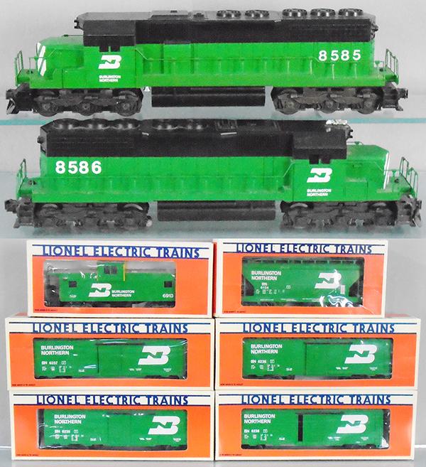 LIONEL BURLINGTON NORTHERN TRAIN SET: O ga, 18208 SF40 diesel, 8585 loco w/cars 6134, 6238, 6235, 6237, 6913, 6236, orig boxes & inserts, C8.