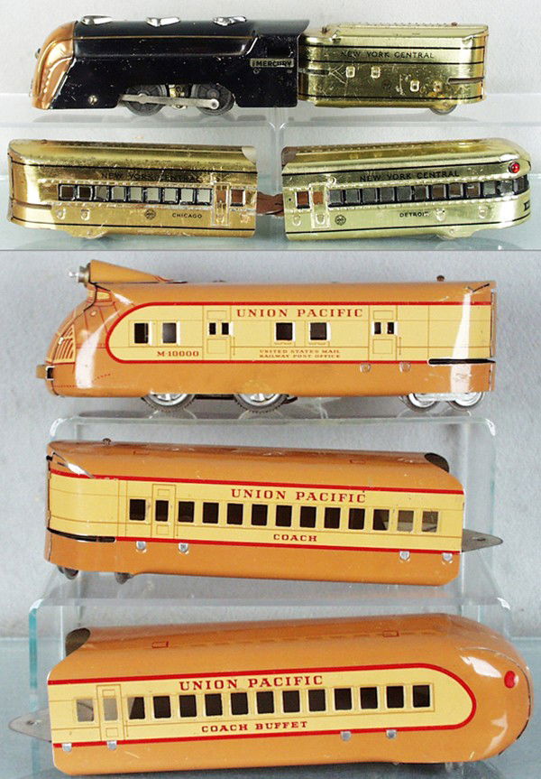 2 MARX TRAIN SETS: O ga, Mercury Set w/loco, NYC tender, Chicago Pullman & Detroit obsv; M10000 Set w/UP loco, coach & obsv, C5-6.