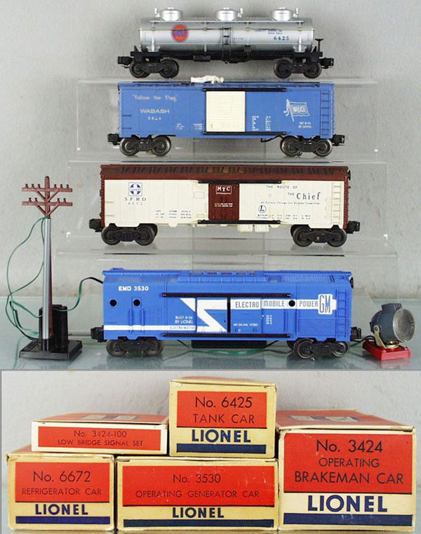 4 LIONEL FREIGHT CARS: O ga, 3530 operating generator car, w/black based pole, 3424 operating brakeman car, 6475 Gulf tank, 6672 reefer, orig boxes minor wear, C7-8.