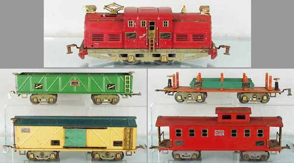 AMERICAN FLYER TRAIN SET: std ga, 4635 loco, cab is an old repaint w/flaking sections, 4017 gondola, 4022 machinery, 4018 box car, 4021 caboose, old repaint, C5-6.