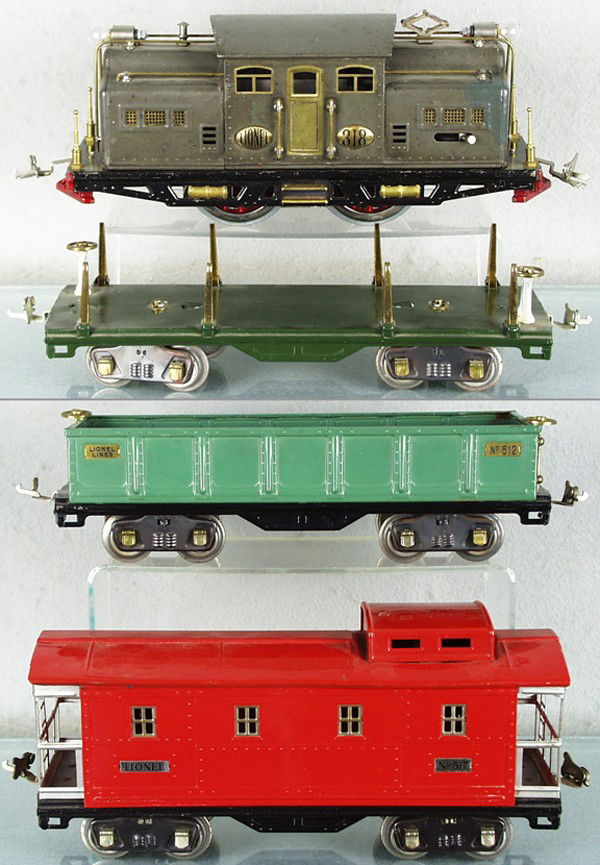 LIONEL TRAIN SET: std ga, 318 loco, rewheeled, 4 touch up spots, 511 flat, 512 gondola, chassis restored, 517 caboose, restored, C5-8.