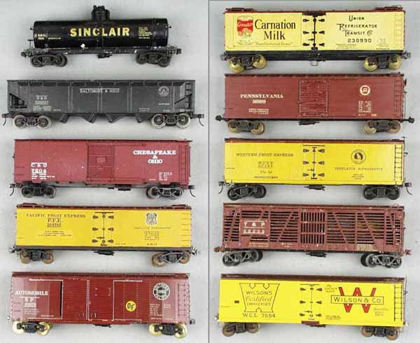 10 SCALE O FREIGHT CARS: O ga, wood & metal, made from kits, wear from use & age, mostly complete, may be missing some trim, C5-7.