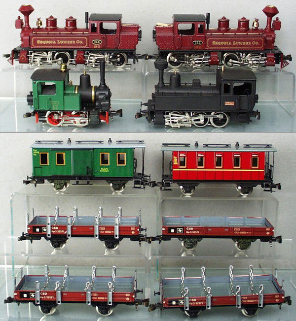 ETS TRAIN SETS: O ga, 4 locos, w/4 freight cars & 2 passenger cars, C7-9.