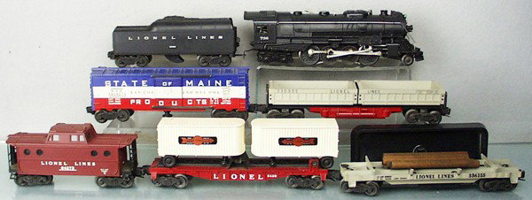 LIONEL 2289WS TRAIN SET: O ga, 736 loco, 2046W tender, 3494-275 operating SOM box car, 3359 dump, 3361X lumber dump, 6430 trailer flat, 6427-1 caboose, orig boxes & set box minor wear, C7-8.