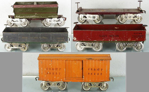 5 LIONEL FREIGHT CARS: std ga, 16 ballast, old repaint, 12 gondola, 11 Mfg flat, 12 Mfg gondola, 14 box car, C4-5.