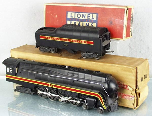 LIONEL 746 N&W LOCO & TENDER: O ga, w/746W short-stripe tender, orig boxes worn, C7-8.
