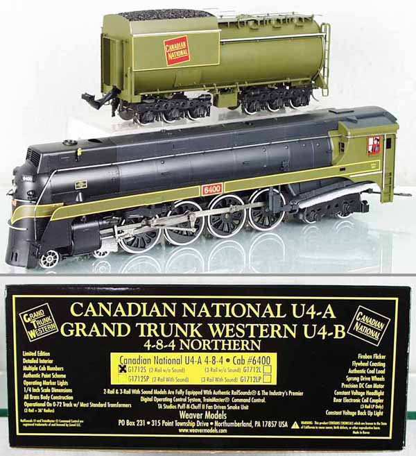 WEAVER G1712S CN U4-A LOCO & TENDER: O ga, 2-rail, w/smoke & sound, orig box & insert, C9.