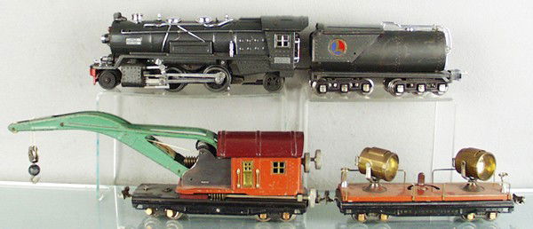 LIONEL TRAIN SET: O ga, 263E loco, 263W tender, 3 small holes added, 810 crane, 820 searchlight, C5-6.
