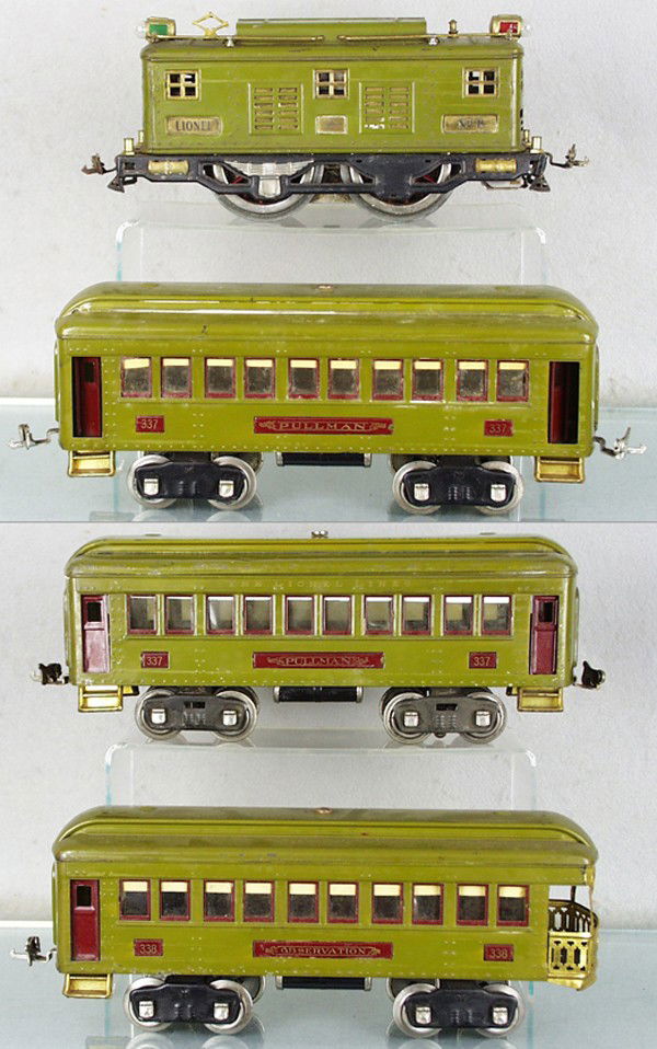 LIONEL TRAIN SET: std ga, 8 loco, missing 1 spring, 2 #337 Pullmans, 338 obsv, C5-6