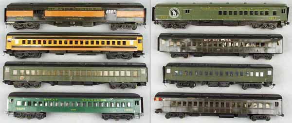 8 SCALE O PASSENGER CARS: O ga, wood & metal, made from kits, worn from use & age, mostly complete, some have body warping & missing trim pieces, C4-6.
