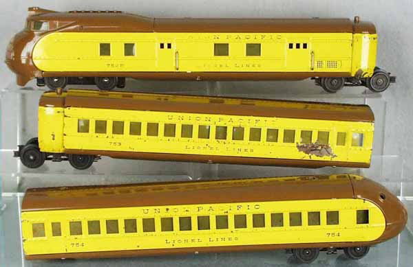 LIONEL CITY OF PORTLAND TRAIN SET: O ga, 752E loco, 753 Pullman, 754 obsv, paint wear & oxidation on 2 cars, wear to vestibules, rubberstamping worn in spots, C4-5.