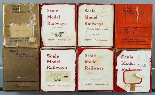 8 SCALE MODEL RAILWAYS KITS: O ga, B&O box car, CNW box car, Milwaukee caboose, partially assembled, NYC stock, MDT reefer, Reading box car, C&O hopper, MKT auto box, orig boxes minor wear, 2 have tape, C7-9.