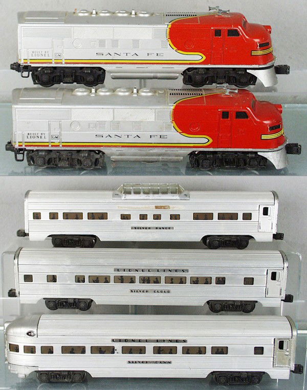 LIONEL TRAIN SET: O ga, 2383 SF AA diesels, decals cracked, battery damage repaired, 2532 vista dome, missing 1 nameplate, 2533 Pullman, 2531 obsv, 1 end repainted, C5.