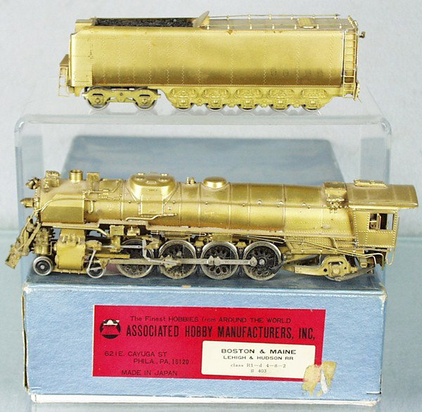AHM 403 B&M LOCO & TENDER: HO ga, 2-rail, unpainted brass, some light oxidation spots, orig box & insert minor wear, C7-8.