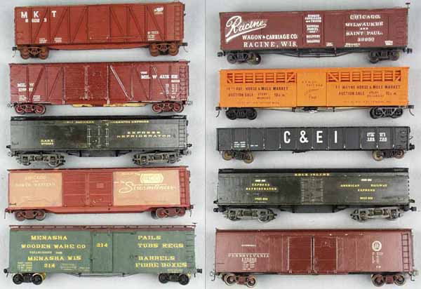 10 SCALE O FREIGHT CARS: O ga, wood & metal, made from kits, wear from use & age, mostly complete, may be missing some trim, C5-7.