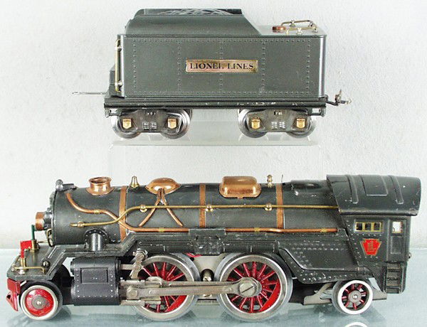 LIONEL TRAIN SET: std ga, 385E loco, rewheeled, 384T tender, 513 stock, 514R reefer, 512 gondola, 517 caboose, all except loco are restored, C5-8.