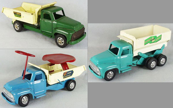 3 BUDDY L TRUCKS: painted pressed steel, 5762 Hydraulic Dump, 21" long, grille tarnished, 5732 Sit-N-Ride Sand & Gravel, 21" long, restored, 5859 Hydraulic Dump Truck, 20" long, amateur restoration, C5-8.