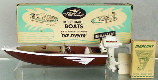 K&O FLEET LINE 840 ZEPHYR BOAT: plastic, outboard, 11" long, battery operated, not tested, w/flag, w/#45 Mercury Outboard Motor, orig boxes, C8-9.