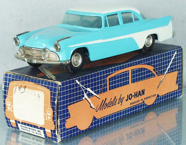 JO-HAN 1956 DESOTO FIREFLITE PROMO: blue & white, friction working, no interior, very minor body warp, orig box minor wear, C8-9.