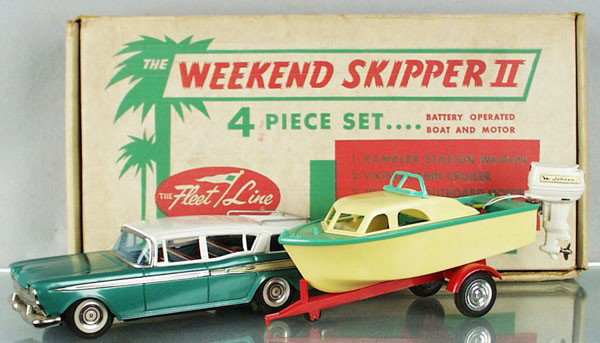 FLEET LINE 881 WEEKEND SKIPPER II SET: contains Bandai Rambler Station Wagon, litho tin, made w/hitch, no friction motor, 11" long, w/Trailer & K&O Viking Boat, plastic, 9" long, w/horn & flag remnants, w/Johnson Outboard Motor, orig set b
