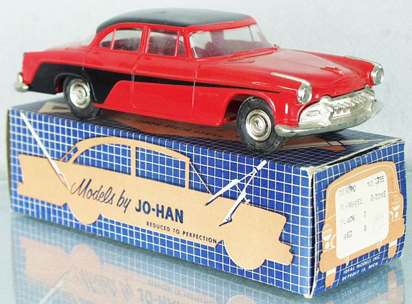 JO-HAN 1955 DESOTO FIREFLITE PROMO: red & black, friction working, no interior, minor body warp, orig box minor wear, C8.