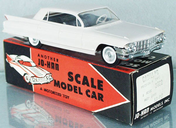 JO-HAN 1962 CADILLAC FLEETWOOD PROMO: beige, friction working, minor body warp, w/interior, orig box minor wear, cellophane intact, C8.