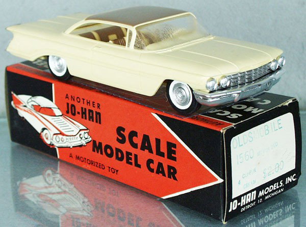 JO-HAN 1960 OLDSMOBILE 98 PROMO: cream & copper, friction working, w/interior, minor body warp, windows glazing, orig box minor wear, cellophane intact, C8.