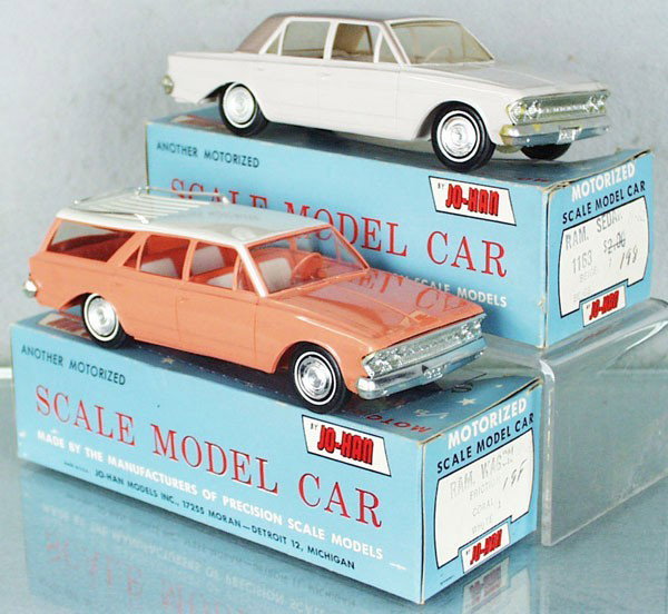 2 JO-HAN RAMBLER PROMOS: 1963 Sedan, beige, friction working, w/interior, minor body warp, chrome tarnished, 1963 Wagon, coral, w/interior, friction not working, orig boxes worn, C6-7.